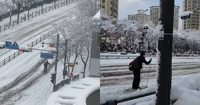 南韓117年最強暴雪！他因不想遲到「滑雪上班」爆紅　竟是7年經驗滑雪國手