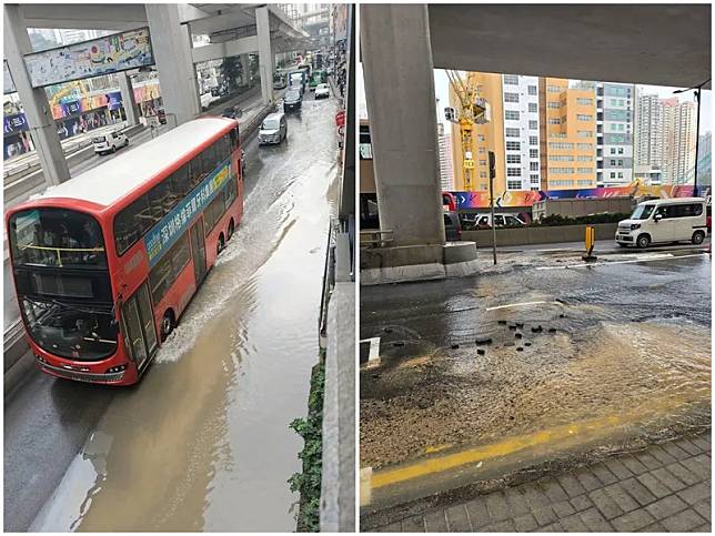 觀塘道爆水管多條九巴路線改道　部分行車線封閉 (馬路的事Facebook)