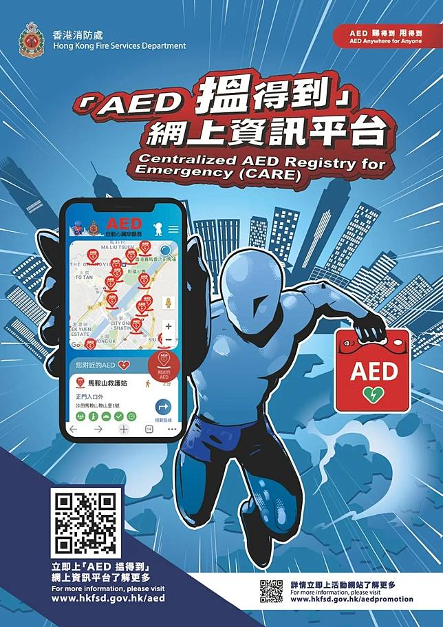 AED機自動心臟除顫器使用流程及位置（資料來源︰消防處）