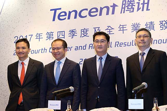 Tencent Holdings, China’s largest games publisher, is now the biggest pay master among Hong Kong-listed companies. From left: Chief Strategy Officer James Mitchell, President Martin Lau Chi-ping, Chairman and CEO Pony Ma Huateng and CFO John Lo Shek-hon during an event on 21 March 2018. Photo: SCMP/Winson Wong