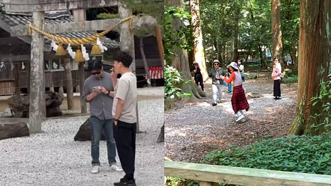 日本和多都美神社拍攝到，疑似南韓遊客在神社院內吸菸又唱歌跳舞。翻攝Twitter＠azumiwamiya