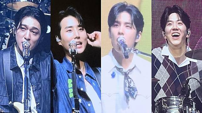 DAY6隊長晟鎮（左圖起）、Young K、元弼、度云昨晚在高雄流行音樂中心開唱。讀者提供