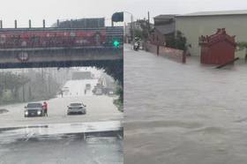 豪雨狂炸中南部，嘉義（左）與台南都傳出淹水災情。（合成畫面／取自蔡易餘臉書、王宣貿臉書）