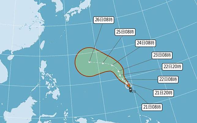 今年第2號颱風「瑪娃」今早約距離台灣鵝鑾鼻東南東方3400公里處，由於距離仍遠，是否接近須持續觀察。(圖擷自中央氣象局)