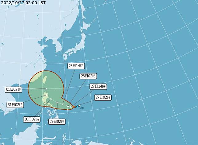 ▲氣象局最新觀測資料，熱帶低氣壓於27日2時的中心位置在北緯 12.3 度，東經 132.6 度，以每小時15公里速度，向西進行。（圖／中央氣象局）