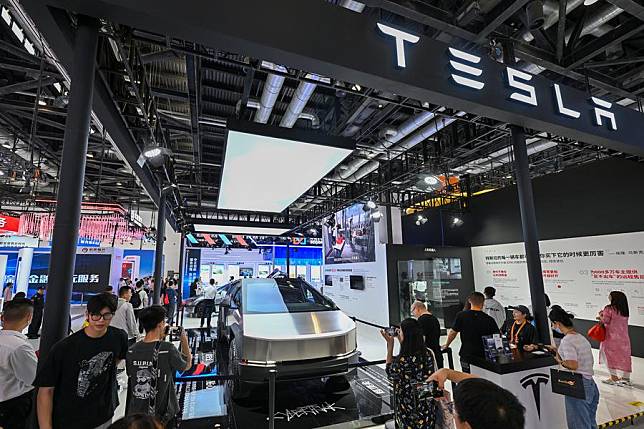 This photo taken on Sept. 15, 2024 shows the booth of Tesla during the 2024 China International Fair for Trade in Services (CIFTIS) at the China National Convention Center in Beijing, capital of China. (Xinhua/Li Xin)