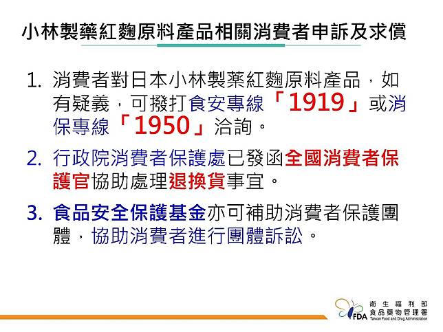 民眾若買到含有日本「小林製薬」紅麴原料的相關產品，如有疑義，可撥打食安專線1919或消保專線1950諮詢。   圖：食藥署／提供