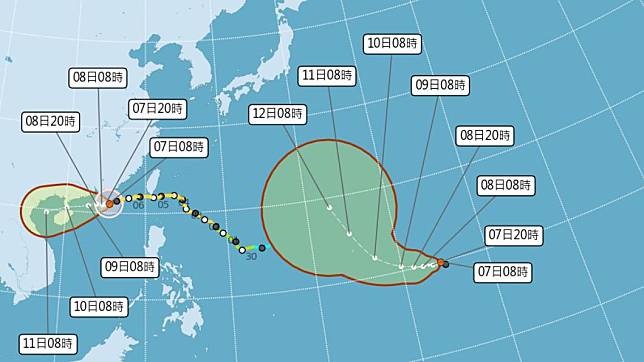 小犬颱風及熱帶性低氣壓TD17最新路徑預測。（圖／中央氣象署）