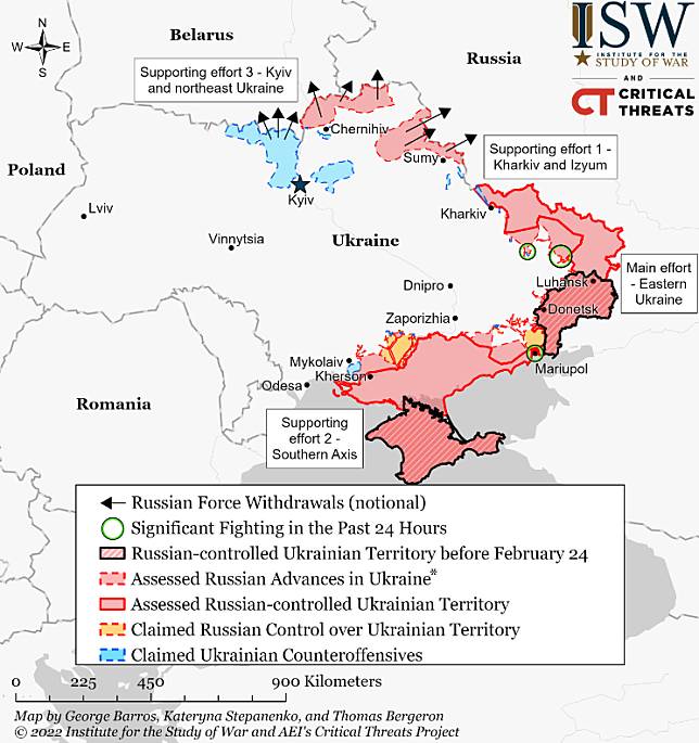 據西方專家評析，烏俄雙方可能將在頓巴斯地區展開大戰，將會是決定兩國國運的關鍵性戰局。   圖：翻攝自美國華府智庫戰爭研究所（ISW）