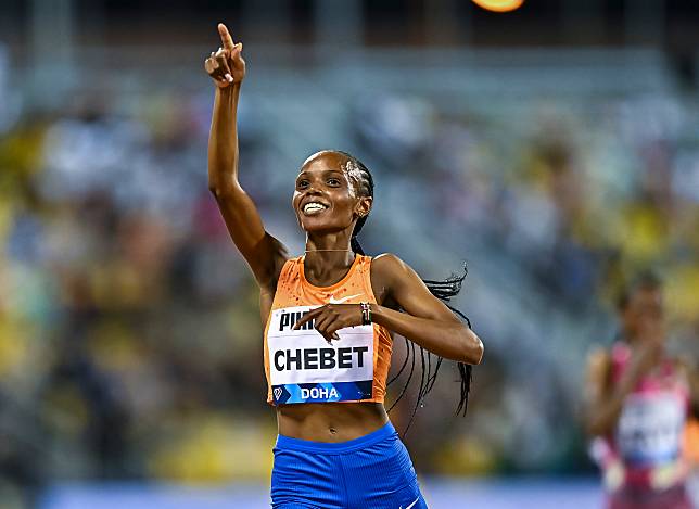 Beatrice Chebet of Kenya celebrates after winning the women's 5000 Metres event at the 2024 Wanda Diamond League Doha Meeting in Doha, Qatar, on May 10, 2024. (Photo by Nikku/Xinhua)