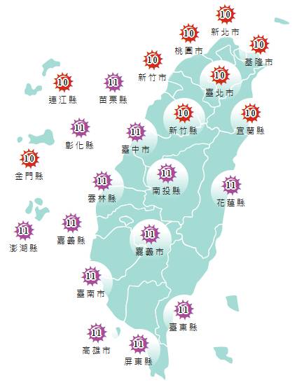 氣象署發布各地紫外線指數預報概況。    圖：氣象署提供