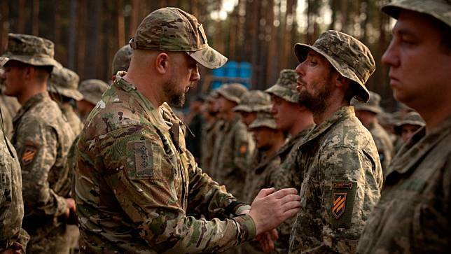 新徵召入伍的烏克蘭士兵2023年在基輔接受訓練後結業。美聯社