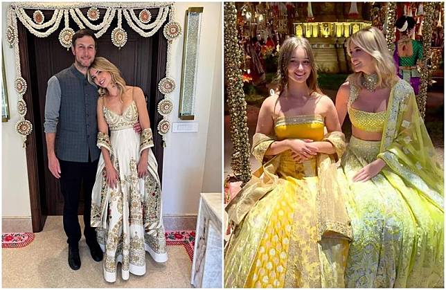 伊凡卡（右）和老公庫許納（左圖左）、女兒阿拉貝拉（右圖左）到印度參加亞洲首富小兒子的婚前趴。（翻攝Ivanka Trump IG）