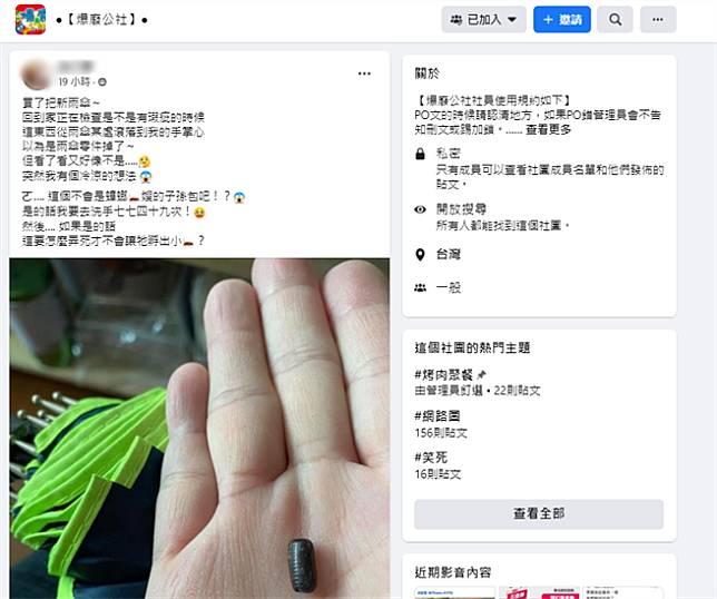 有網友分享，她才剛開箱新雨傘，就發現裡頭掉出一顆貨真價實的「蟑螂蛋」。（翻攝自臉書社團《爆廢公社》）