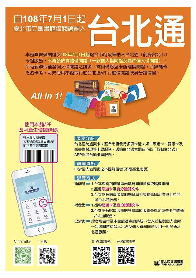 台北市立圖書館公告，2019年7月1日起借書證納入台北通。北市圖今（26）日表示，配合市府政策調整，自即日起，申辦借閱證不強制結合台北通。   圖：取自臺北市立圖書館萬芳民眾閱覽室臉書