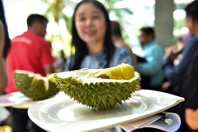 File photo shows durians served at the flag-off ceremony of the first batch of Malaysian whole frozen durian to China, in Putrajaya, Malaysia. (Xinhua/Chong Voon Chung)