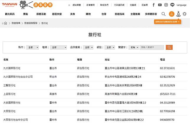 觀光署合法旅行社查詢頁面