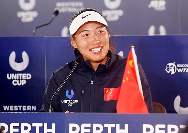 Zheng Qinwen of China speaks during the press conference after the 2024 United Cup group E match between China and the Czech Republic, in Perth, Australia, on Dec. 30, 2023. (Photo by Zhou Dan/Xinhua)