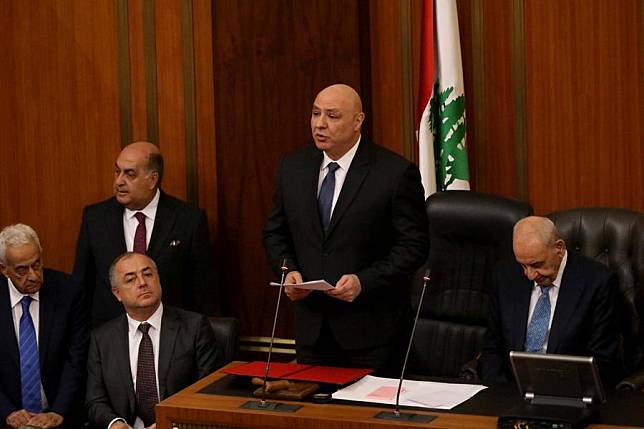 Joseph Aoun (2nd R) addresses the parliament after he was sworn in as Lebanon's president in Beirut, Lebanon, Jan. 9, 2024. (Xinhua/Bilal Jawich)