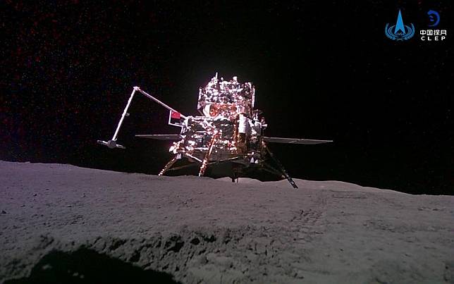 This photo taken and beamed back to Earth autonomously by a mini rover released from the lander-ascender combination of Chang'e-6 probe shows a view of the combination itself on the lunar surface, June 3, 2024. (CNSA/Handout via Xinhua)