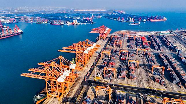 An aerial drone photo shows a view of the Tangshan Port in north China's Hebei Province, Jan. 13, 2025. (Photo by Liu Mancang/Xinhua)