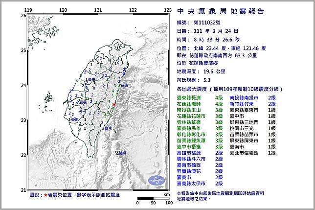 中央氣象局公布24日早上8點38分在花蓮豐濱鄉發生芮氏規模5.3地震。（取自中央氣象局臉書）