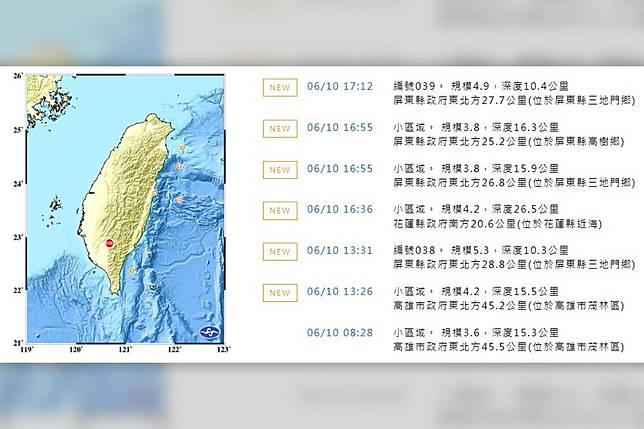 氣象局發布地震報告，今天（10日）16:36，花蓮近海發生芮氏規模4.2地震。（取自中央氣象局）