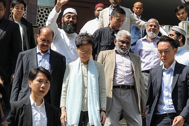 Carrie Lam leaves Kowloon Mosque after the meeting on Monday. Photo: Dickson Lee