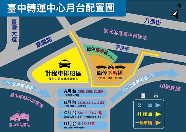 台中轉運中心新增公車路線進駐，月台重新配置計程車及臨車下客處。(記者蔡淑媛翻攝)