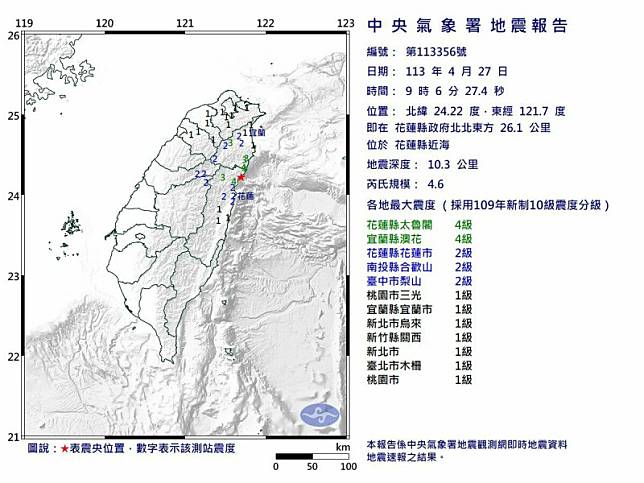 中央氣象署發布最新地震報告。 (圖／氣象署提供)