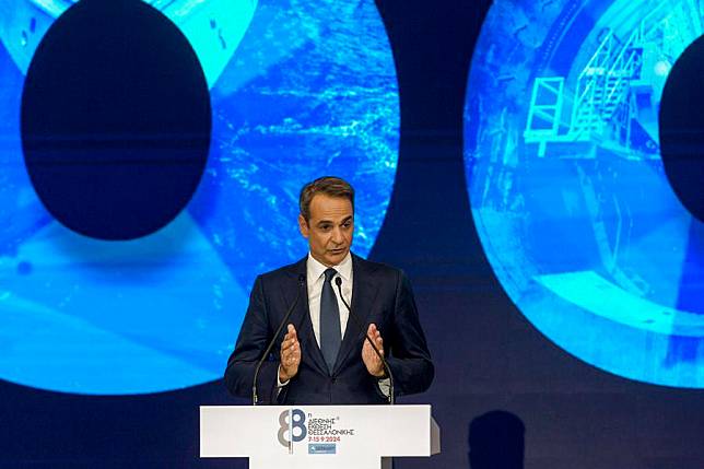 Greek Prime Minister Kyriakos Mitsotakis addresses the guests at the opening of the 88th Thessaloniki International Fair, in Thessaloniki, Greece, Sept. 7, 2024. (Xinhua/Marios Lolos)