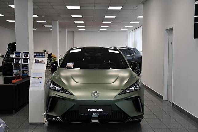 This photo taken on Feb. 1, 2024 shows a Chinese electric car MG4 on display at an MG sales center in Ljubljana, Slovenia. (Xinhua/Zhou Yue)