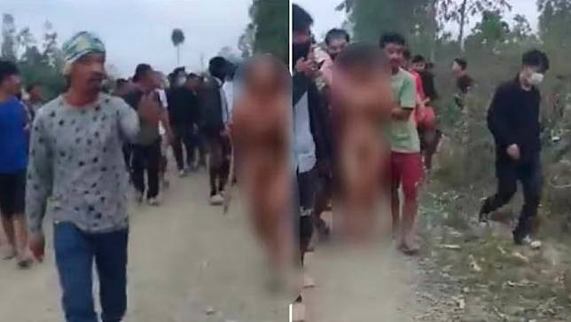根據推特流傳影片，曼尼普爾省2名女子被強押裸體遊街。翻攝推特@Hardisohi