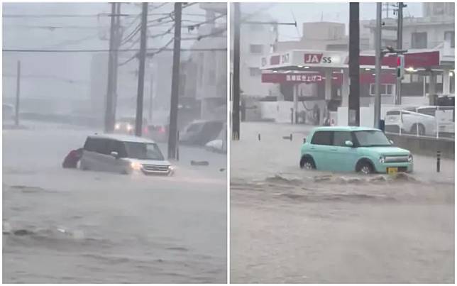 ▲日本沖繩今（14）日受到鋒面影響，多地今早降下暴雨，馬路被水淹過，車輛只能涉水而行，還有民眾下車推車。（圖／翻攝自@kariyushi19的X）