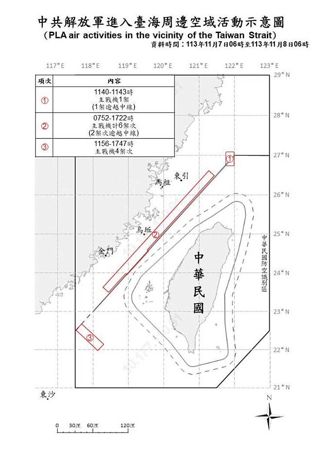 中共解放軍進入臺海周邊空域活動示意圖。（國防部提供）