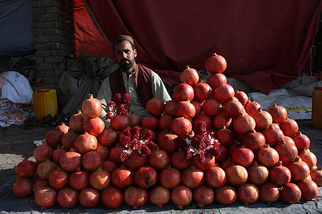 An Afghan vendor sells pomegranates in a fruit market in Kabul, Afghanistan, Oct. 19, 2024. (Photo by Saifurahman Safi/Xinhua)