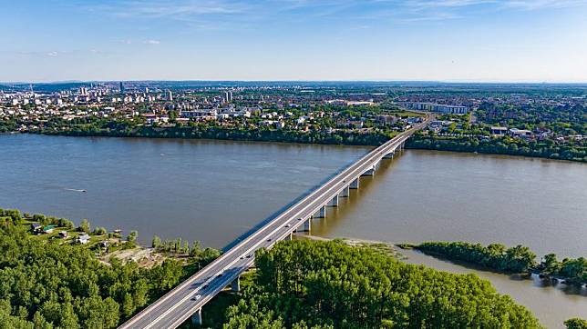 An aerial drone photo taken on April 28, 2024 shows the Pupin Bridge spanning the Danube River in Belgrade, Serbia. (Photo by Wang Wei/Xinhua)