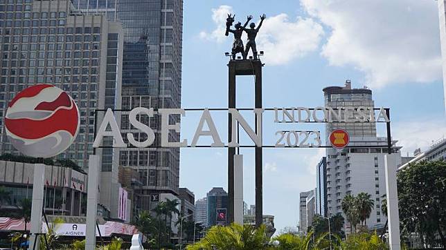 東南亞國家協會高峰會11日在印尼落幕。圖為位於雅加達的東協標誌。 中央社記者李宗憲雅加達攝 112年5月12日