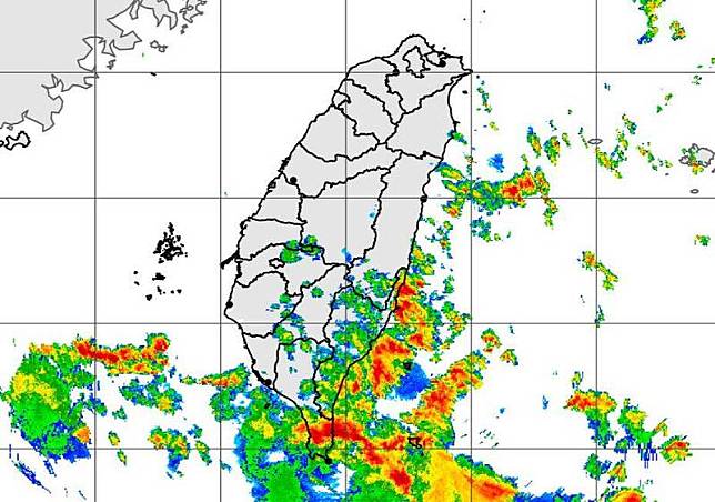 受到輕度颱風「泰利」外圍環流影響，恆春半島、台東易有短延時強降雨，氣象局對兩地發布大雷雨即時訊息。(圖擷自中央氣象局)