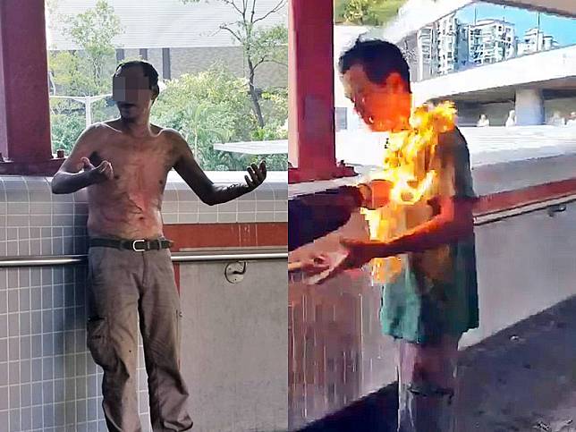 一名57歲姓李男子上周一在海柏花園對開天橋上，因與人爭執被淋易燃液體，頓成火人。