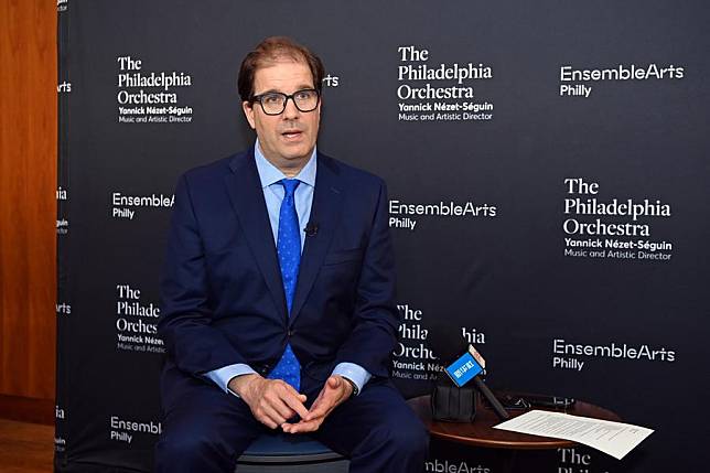 Matias Tarnopolsky, president and CEO of the Philadelphia Orchestra and Ensemble Arts, speaks during an interview with Xinhua in Philadelphia, the United States, on Oct. 24, 2024. (Xinhua/Li Rui)