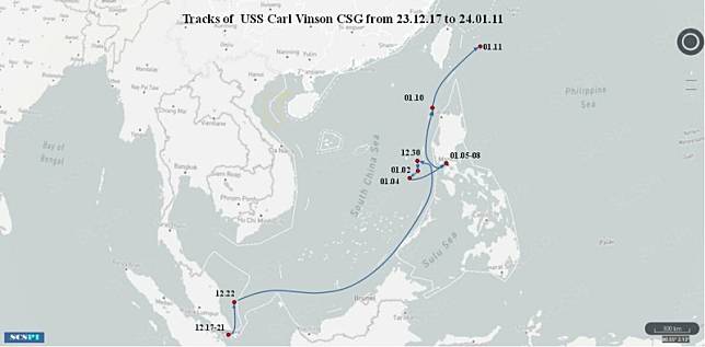 中國半官方智庫「南海戰略態勢感知計劃平台」(SCSPI)發布美軍「卡爾文森號(USS Carl Vinson CVN-70)」航艦航跡圖。 圖：翻攝「X」@SCS_PI