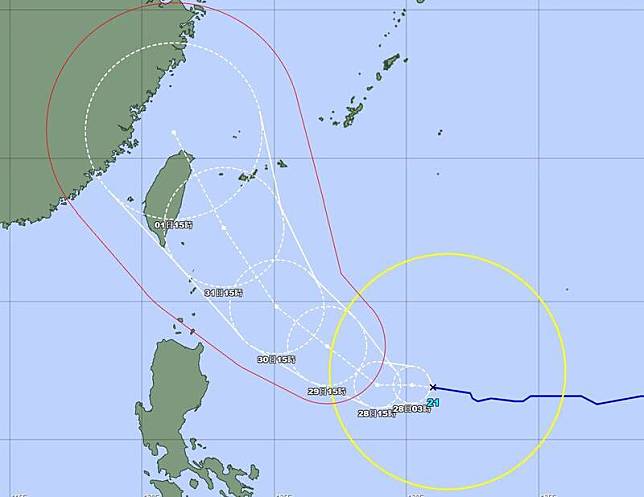 日本氣象廳最新預測路徑顯示，「康芮」將可能在週五(11月1日)直接登陸宜蘭。(圖擷自日本氣象廳)