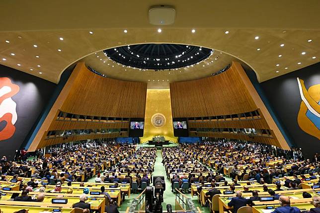 UN Secretary-General Antonio Guterres (at the podium and on the screens) delivers a speech at the opening ceremony of the General Debate of the 79th session of the United Nations General Assembly (UNGA) at the UN headquarters in New York, on Sept. 24, 2024. (Xinhua/Li Rui)