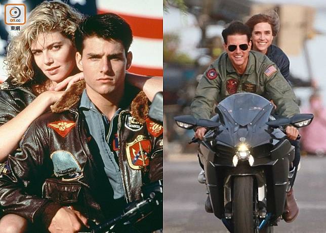 左：1986年上映的《Top Gun》令當時只得廿多歲的Tom Cruise一躍成為荷里活紅星。／右：新一集電影中Tom Cruise就換車又換女，新歡分別係Kawasaki Ninja H2 Carbon同Jennifer Connelly，身上着個件褸款就係70年代飛行外套CWU-36/P，採用耐熱纖維製成，適合溫暖氣候着用。（互聯網）