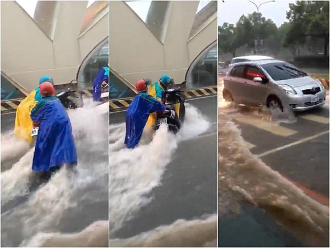 ▲驚！台中暴雨「台灣大道變運河」，網嚇：「比溯溪還扯！」（圖／翻攝自臉書）