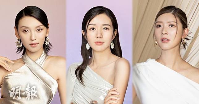 王丹妮、麥明詩、余香凝早前為化妝護膚品牌拍攝宣傳照，演繹不同風格的魚姬故事。（大會提供 / 明報製圖）