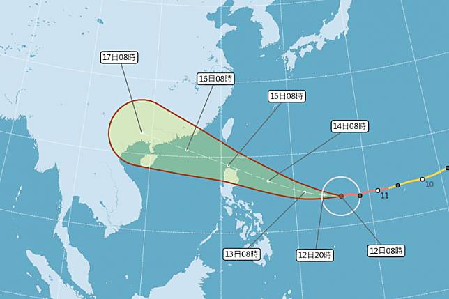 今年第22號颱風「山竹」11日上午已增強為強颱，中央氣象局表示，山竹中心從菲律賓呂宋島的北側近海，往西通過巴士海峽的機率較高，至於對台灣的影響程度，周四的路徑將成為關鍵。（中央氣象局提供）