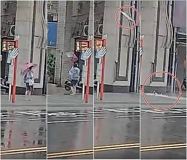 有1名女性站在路旁公車停等區，一陣強風襲來將她吹得連連後退，當她退後到柱子旁後，一塊壁磚突然掉下，砸中的地方是該女性原本站著的區域，驚醒的畫面讓網友們看後捏了一把冷汗。(圖擷自chihhung.wu Threads 已獲授權)