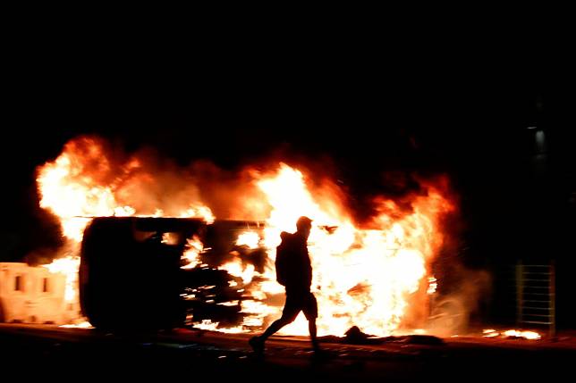 A protest on Monday in Tseung Kwan O in Hong Kong turned fiery. Photo: Reuters